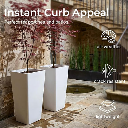 KOL Planters for Outdoor Plants, 28 Inch Tall White Flower Pots 2 Pack, Large Plastic Plant Pots with Drainage Hole and Dual-Purpose Tray, Decorative Indoor Planter for Front Porch Patio Garden
