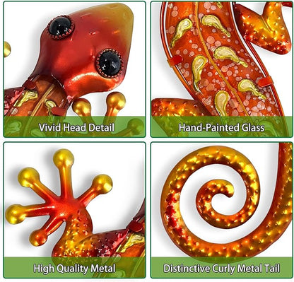 HONGLAND Metal Gecko Wall Art- 15 Inch Lizard Outdoor Decor Hanging Glass Sculpture, 2 Pack Gecko Wall Art Decorations for Garden Fence Home
