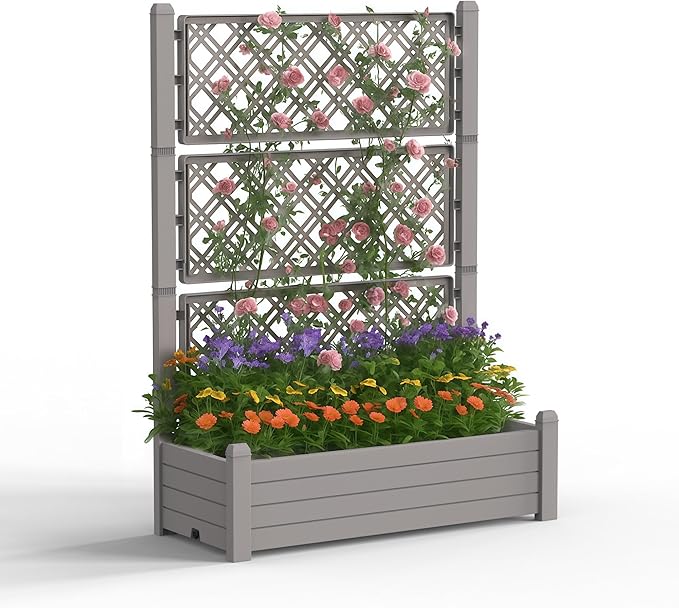 PatioZen Raised Garden Bed with Trellis for Climbing Plants, 43.43" L x 18.27" W x 59.29" H Self Watering Planter Box with Drainage Holes for Outdoor Backyard Patio Balcony, Anti-Rust Resin (Grey)