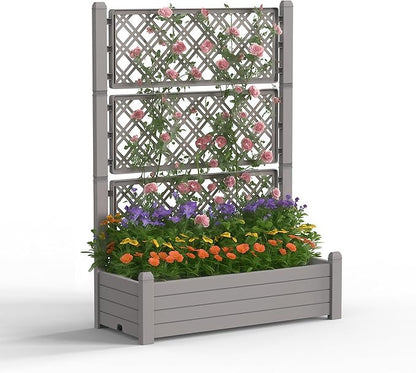 PatioZen Raised Garden Bed with Trellis for Climbing Plants, 43.43" L x 18.27" W x 59.29" H Self Watering Planter Box with Drainage Holes for Outdoor Backyard Patio Balcony, Anti-Rust Resin (Grey)