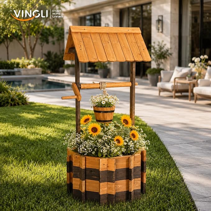 VINGLI Wooden Wishing Well Outdoor Planters, Well Covers for Yard with 2 Reinforced Rods, Height Adjustable Hanging Bucket, Rustic Flower Pot Decor for Outside Patio Garden (Two-Tone, 22" Width)