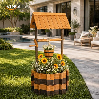 VINGLI Wooden Wishing Well Outdoor Planters, Well Covers for Yard with 2 Reinforced Rods, Height Adjustable Hanging Bucket, Rustic Flower Pot Decor for Outside Patio Garden (Two-Tone, 22" Width)
