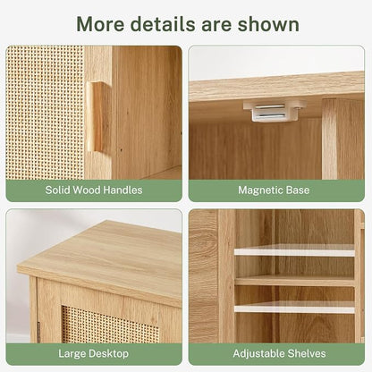 Iwell Rattan Storage Cabinet with 4 Adjustable Shelves, Coffee Bar Cabinet, Sideboard Buffet for Kitchen, Living Room, Entryway, Natural
