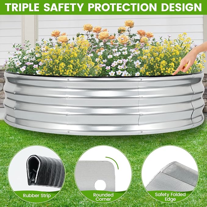 Galvanized Raised Garden Bed Outdoor | 4x4x1ft Metal Raised Beds for Gardening with Safety Rubber Strip | Round Planter Box for Plants Like Vegetables Fruits Flowers, Silver