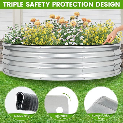 Galvanized Raised Garden Bed Outdoor | 4x4x1ft Metal Raised Beds for Gardening with Safety Rubber Strip | Round Planter Box for Plants Like Vegetables Fruits Flowers, Silver