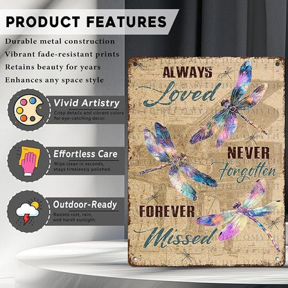 Dragonfly Decor Always Loved Never Forgotten Forever Missed Dragonfly Poster for Home Farm Outdoor Bathroom Restaurant Cafes Bars Club Kitchen Garage Vintage Art Wall Decor 12 * 16inch
