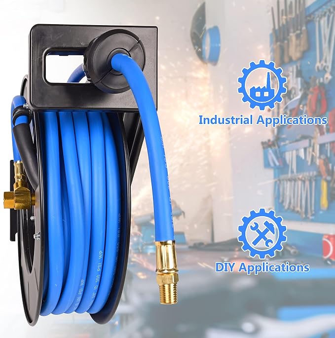 Eisen Air Hose Reel 3/8 in x 50 ft Premium Heavy-Duty Flexiable Hybrid Air Hose. Ceiling/Wall Mount, Retractable Air Compressor Hose Reel, 300 PSI Flexiable Hybrid Hose, black and blue