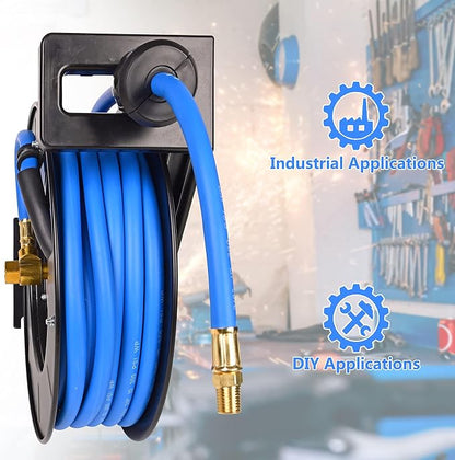 Eisen Air Hose Reel 3/8 in x 50 ft Premium Heavy-Duty Flexiable Hybrid Air Hose. Ceiling/Wall Mount, Retractable Air Compressor Hose Reel, 300 PSI Flexiable Hybrid Hose, black and blue