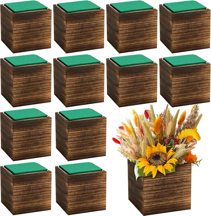 Dandat 18 Set Wood Cube Planter Box Square Wood Vase Rustic Cube Planter Box with Removable Plastic Liner Floral Foam Blocks for Centerpieces Home Wedding Garden Decor, Country Style (Brown)
