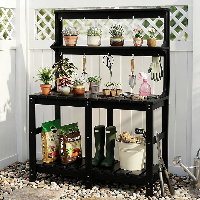 Outdoor Potting Bench with 3 Tier, All-Weather Patio Potting Table with Tool Hooks, HDPE Gardening Table for Backyard, Garden, Black