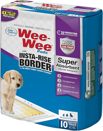 Four Paws Wee-Wee Super Absorbent Unscented Pee Pads for Dogs & Puppies with Insta-Rise Border, Leak-Proof Dog Housebreaking Potty Training Floor Protection, 22" x 23", 10 Count (Pack of 3)