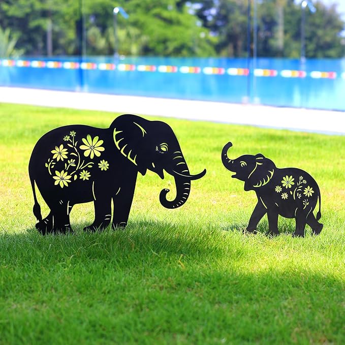 WACLSTDAY Elephant Metal Garden Stakes Decorative, Gifts for Women/Men/Elephant Lovers, Black Silhouette Statues Summer Outdoor Decorations for Garden, Yard, Lawn, Pathway,Patio,Outside