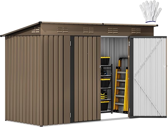 DWVO 9x4ft Large Outdoor Storage Shed, Metal Tool Sheds, Heavy Duty Tool Storage with Lockable Doors & Air Vent for Backyard Patio Lawn to Store Bikes, Tools, Lawnmowers,Brown