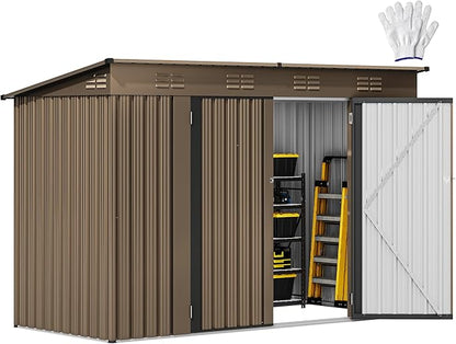 DWVO 9x4ft Large Outdoor Storage Shed, Metal Tool Sheds, Heavy Duty Tool Storage with Lockable Doors & Air Vent for Backyard Patio Lawn to Store Bikes, Tools, Lawnmowers,Brown