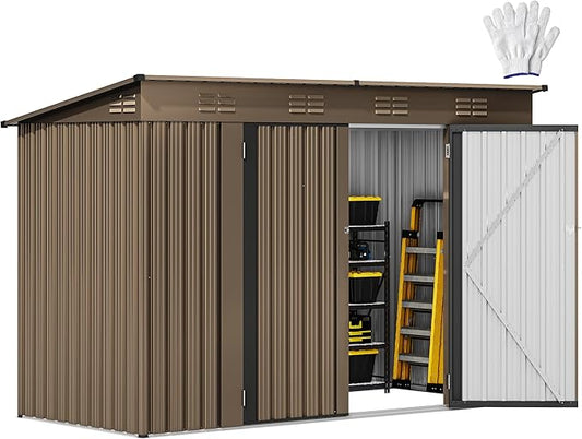 DWVO 9x4ft Large Outdoor Storage Shed, Metal Tool Sheds, Heavy Duty Tool Storage with Lockable Doors & Air Vent for Backyard Patio Lawn to Store Bikes, Tools, Lawnmowers,Brown