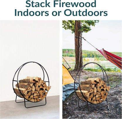 Sunnydaze 24-Inch Outdoor Firewood Rack Hoop - Indoor Round Tubular Steel Fireplace Wood Holder - 300-lb Capacity