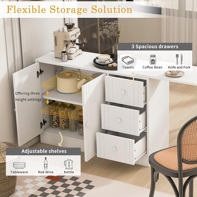 Merax Rustic Buffet Sideboard with Extendable Table, Wood Storage Cabinet with Adjustable Shelves, Multifunctional Coffee Bar for Living Room Kitchen Dining Room White