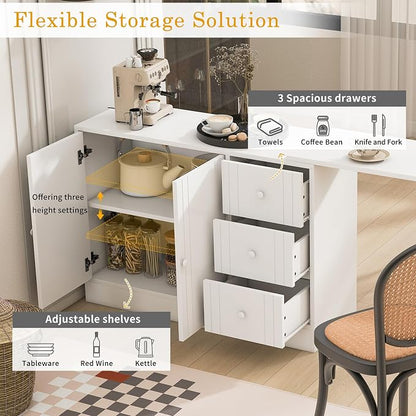 Merax Rustic Buffet Sideboard with Extendable Table, Wood Storage Cabinet with Adjustable Shelves, Multifunctional Coffee Bar for Living Room Kitchen Dining Room White