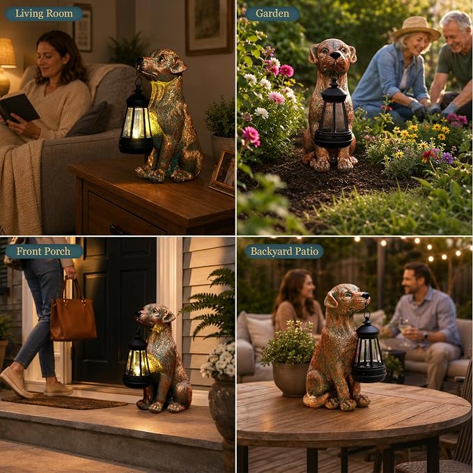 Garden Statue Dog Figurine Decor – Outdoor Decoration with Solar Lantern for Garden Yard Lawn Home Decor Outside : Fathers Day Memorial Gifts