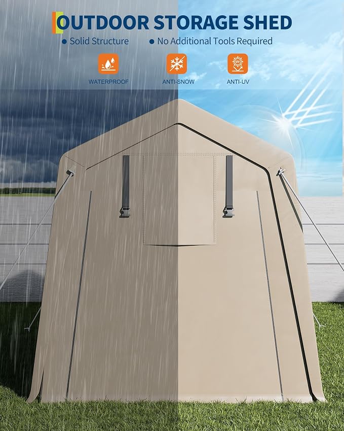 7 x 10 Ft Bike Shed ATV Storage Tent Portable Storage Shed Outdoor Carport Tarp Sheds with Roll-Up Door for Motorcycle, Car, Garden Tools Khaki