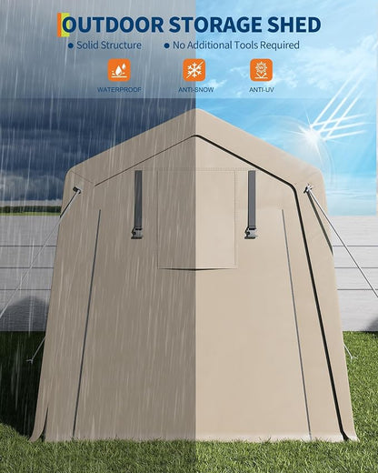 7 x 10 Ft Bike Shed ATV Storage Tent Portable Storage Shed Outdoor Carport Tarp Sheds with Roll-Up Door for Motorcycle, Car, Garden Tools Khaki