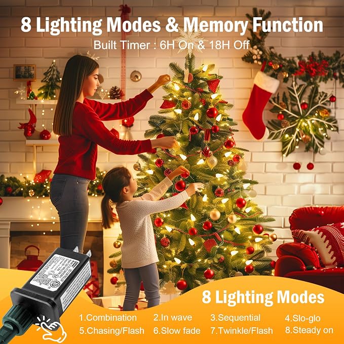 Brightown C9 Christmas Lights Outdoor 2 Pack, Total 162ft 200LED Warm White | with Timing & Memory, 8 Modes, Connectable, Waterproof - C9 Christmas Lights for Indoor Outside Tree Home Yard Decoration