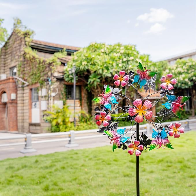 38" Double Blade Butterfly Wind Spinners Outdoor, Colorful Butterflies Kinetic Outdoor Decor for Patio, Lawn & Garden Decor