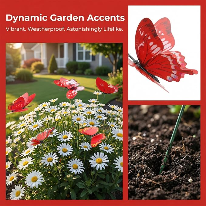 30PCS Red Butterfly Decor Artificial Butterflies for Outdoor Garden Decor | 3D Waterproof Double Layer Butterfly Decorative Garden Stakes for Flower Arrangements Outdoor Indoor Spring Decor