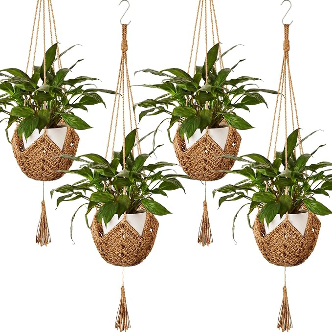 Shappy 4 Pack Boho Macrame Plant Hanger, Large Hanging Planter Plant Holder Pot Hanger Hanging Basket Wall Planters, Plants Lover Gift for Indoor Garden (Classic,Brown)