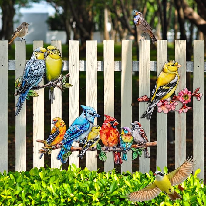 YOADEHOA Metal Wall Art Decor Birds on Branch, 3D Colorful Bird Outdoor Hanging Wall Art Patio Fence Decorations, Hummingbird Wall Sculptures for Indoor Outdoor Garden (Birds C)