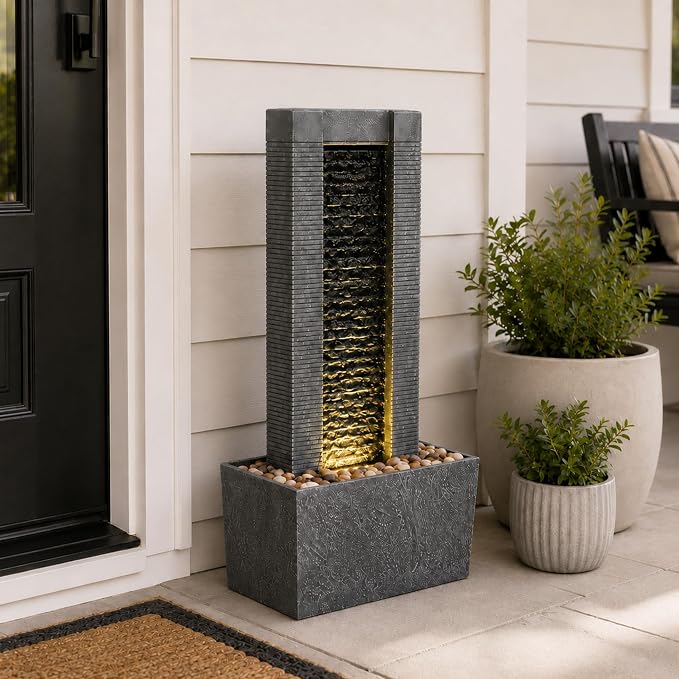 Teamson Home 29.25" Demeter Indoor/Outdoor Modern Waterfall Fountain with LED Lights, Black and Stone Gray | LED Lights, Waterfall Fountain, Garden, Patio, and Backyard Decor, Black and Stone Gray