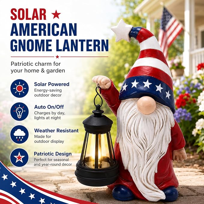 Solar Patriotic Gnome Lantern Statue, 9.4" Independence Day Garden Decor, American Flag Gnome Outdoor Decorations for Patio, Yard, Porch, and Lawn; Memorial Day and 4th of July Decor