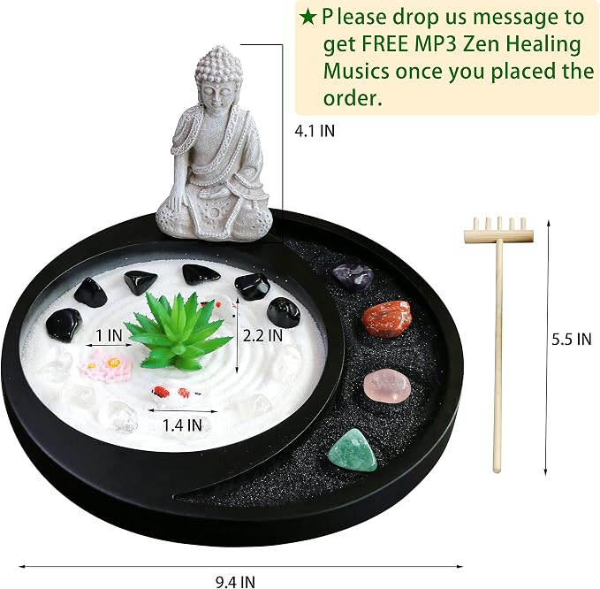 Meditation Buddha Zen Garden Accessories Japanese Desktop Rock Garden with Healing Crystal Stones Shine Altar Sand Tray Therapy Kit Decor Office Home Stress Relief Spiritual Decor Zen Healing Gifts