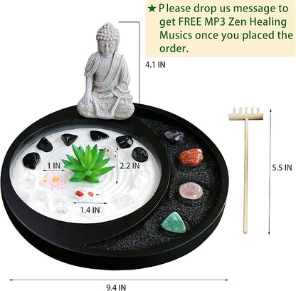 Meditation Buddha Zen Garden Accessories Japanese Desktop Rock Garden with Healing Crystal Stones Shine Altar Sand Tray Therapy Kit Decor Office Home Stress Relief Spiritual Decor Zen Healing Gifts