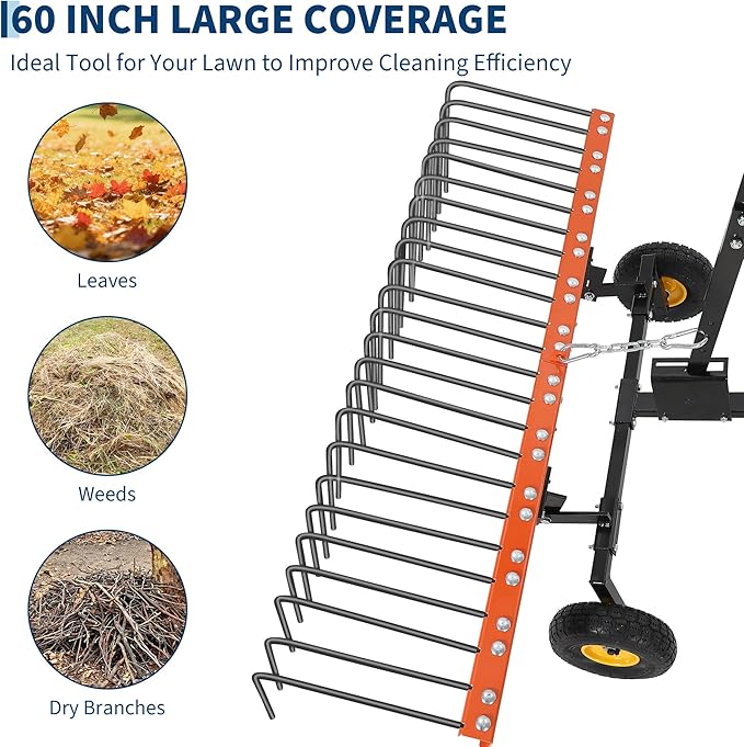 60 Inch Tow Behind Lawn Dethatcher, Tow Behind Steel Pine Straw Rake | with 24 Durable Spring Steel Tines for ATV or Mover Tractors, Designed to Pull Behind Lawn and Garden Tractors, Orange