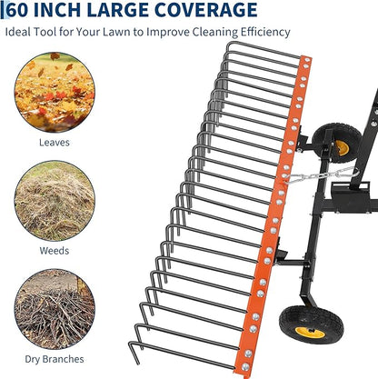 60 Inch Tow Behind Lawn Dethatcher, Tow Behind Steel Pine Straw Rake | with 24 Durable Spring Steel Tines for ATV or Mover Tractors, Designed to Pull Behind Lawn and Garden Tractors, Orange