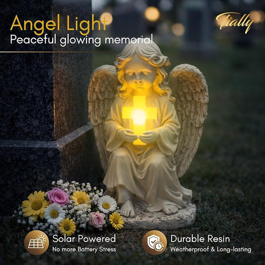 TIALLY Solar Angel Garden Statue with Glowing Cross – Large Angel Figurines with Soft Glow, Weatherproof Outdoor Statues for Memorial Decor, Yard, Lawn or Cemetery Use, Angels Gifts for Women