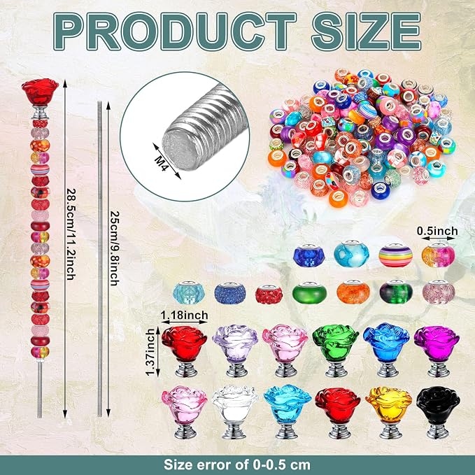 Tigeen 236 Pcs Garden Stake DIY Fairy Wand Plant Stake with 12 Colorful Crystal Stopper Top 12 Threaded Rod with 200 Large Hole Bead for Spring Summer Holiday Outdoor Decorations(Rose Flower)