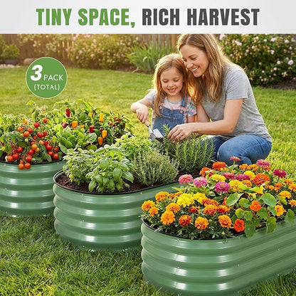 INNO STAGE 3Pcs Galvanized Raised Garden Bed Kit, Outdoor Metal Raised Garden Beds for Vegetables, Rust-Resistant & Easy Assembly, 4x2x1ft Oval Raised beds for Gardening, Flowers, Herbs (Olivergreen)