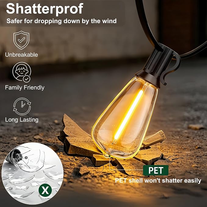 Outdoor String Lights, Waterproof Shatterproof ST38 Vintage Bulbs | 50FT Length, Dimmable & Connectable, 2700K Warm White, ideal for Balcony, Porch, Party, Patio & Indoor Decoration