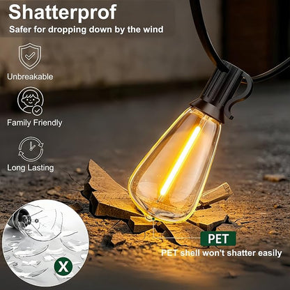 Outdoor String Lights, Waterproof Shatterproof ST38 Vintage Bulbs | 50FT Length, Dimmable & Connectable, 2700K Warm White, ideal for Balcony, Porch, Party, Patio & Indoor Decoration