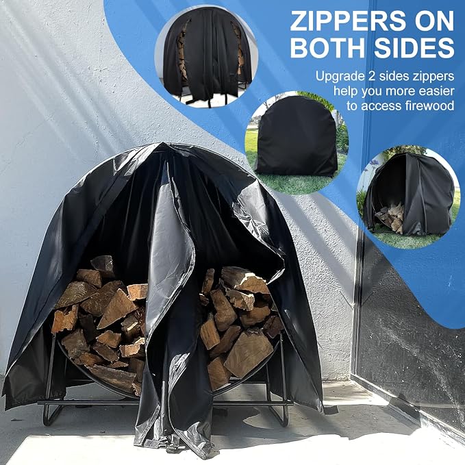 Firewood Log Rack Cover, Outdoor Waterproof Log Hoop Cover, Windproof Dry Wood Pile Holder Storage Tarp Heavy Duty UV Resistant Sun Snow Rain Durable PVC Backing Protector fit 4 Seasons Black