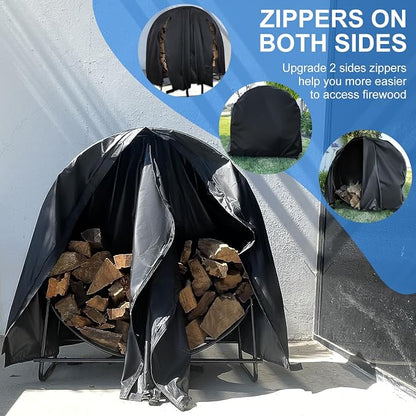 Firewood Log Rack Cover, Outdoor Waterproof Log Hoop Cover, Windproof Dry Wood Pile Holder Storage Tarp Heavy Duty UV Resistant Sun Snow Rain Durable PVC Backing Protector fit 4 Seasons Black