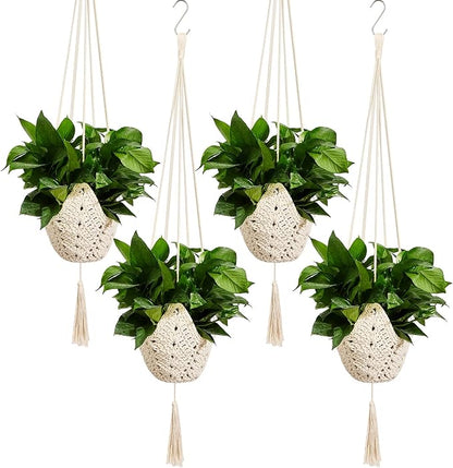 Shappy 4 Pack Boho Macrame Plant Hanger, Large Hanging Planter Plant Holder Pot Hanger Hanging Basket Wall Planters, Plants Lover Gift for Indoor Garden (Classic,Cream)