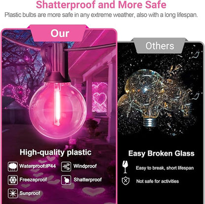 LAMPHOME LED Outdoor String Light, 26Feet Patio Lights with 12+1Edison Shatterproof Bulbs(1Spare), UL Waterproof Outside Lights connectable Dimmable for Backyard Porch Decor,Pink