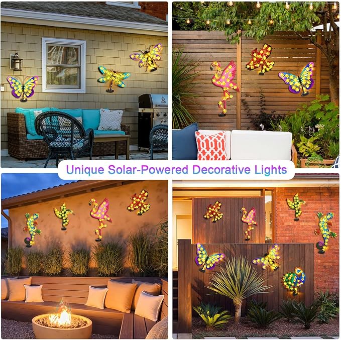 Metal Flamingo Outdoor Wall Decor with 30 Led Solar Lights- 23.2" Outdoor Fence Wall Art Decor, Gift for Mom Grandma Women Birthday Gardening,Hanging Decoration for Garden Patio Porch Yard