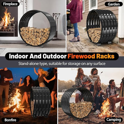 Round Metal Sheet Firewood Rack Indoor by Fireplace/Outdoor Beside Fire Pit -with Metal Legs,Rustproof,Durable & Stylish Firewood Holder (Circle, 32 Inches Diameter)