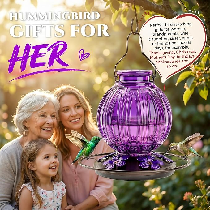 2 Pack Glass Hummingbird Feeder for Outdoors Hanging, Bird Nectar Feeder with Perch & 5 Flower Feeding Ports, 26 Oz Leak Proof for Outside Garden Decor Backyard, Gifts for Women Mom, Purple