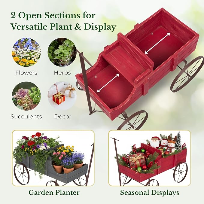 Shine Company Decorative Wagon Garden Planter, Wooden Wagon Yard Décor for Outdoor Plants, Small, Red