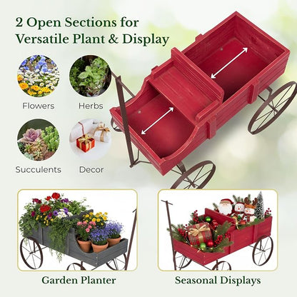 Shine Company Decorative Wagon Garden Planter, Wooden Wagon Yard Décor for Outdoor Plants, Small, Red
